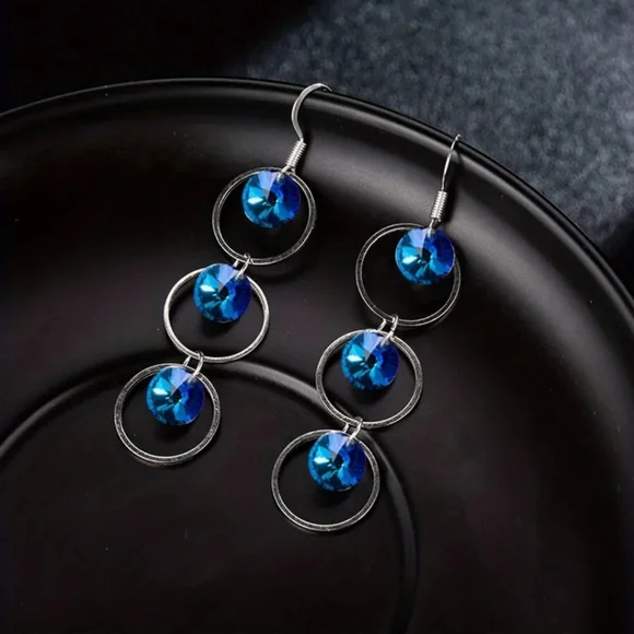 Y2K Retro Ethnic Style Hollow Circle With Blue Disc Dangle Earrings. - Picture 5 of 6